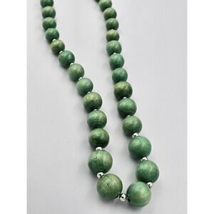 Vintage Green Wood Bead Necklace Silver Tone Spacers Long Chunky Statement